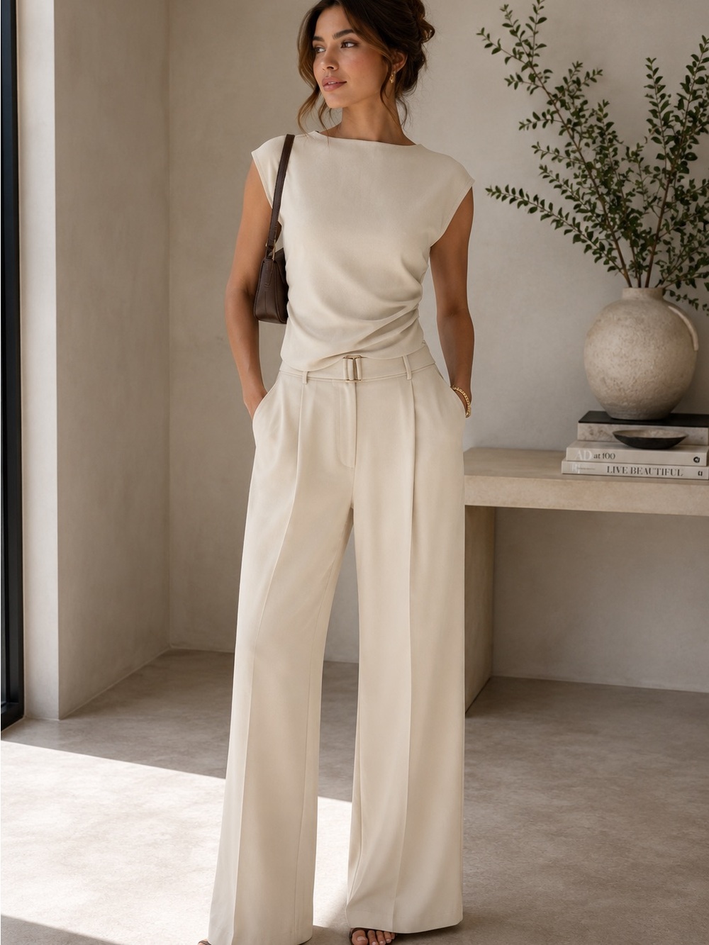 COMMENSE Cream Draped Top & Wide-Leg Pants Set